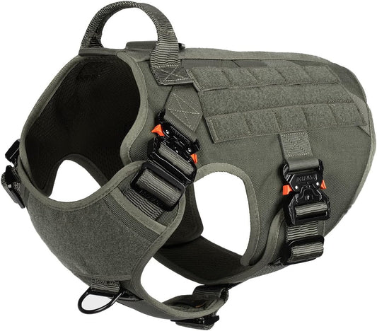 Professional Tactical Dog Harness for Large Breeds - Durable Vest with Full Metal Buckles, MOLLE System, Reflective Design, Adjustable Fit, Dual Leash Clips, Control Handle, No-Pull Feature, Soft Padding, Green, Size Large