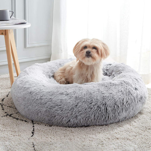 Calming Soft Round Dog and Cat Bed - 20" Washable Fluffy Faux Fur Cuddler with Anti-Anxiety Features, Anti-Slip Bottom, and Self-Warming Design for Small Dogs, Kittens, and Puppies up to 12 lbs - Light Grey