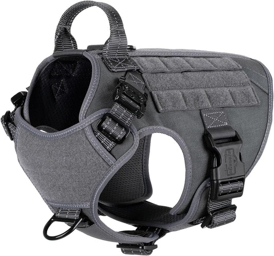 Medium Tactical Dog Harness with Reflective No-Pull Vest, Control Handle, Adjustable Features, Front Hook, Dual Leash Clips, Soft Padding, Molle Panel - Grey