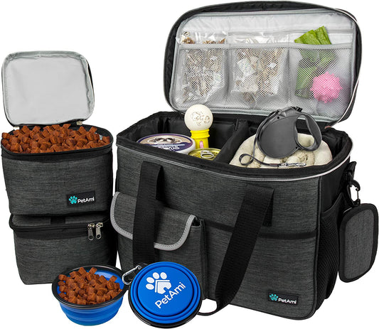 Dog Travel Bag Organizer, Pet Supplies Diaper Tote, Dark Gray Medium | Pet Travel Kit with 2 Food Containers & 2 Collapsible Dog Bowls, Luggage Sleeve, Weekend Getaway Road Trip Camping Essentials
