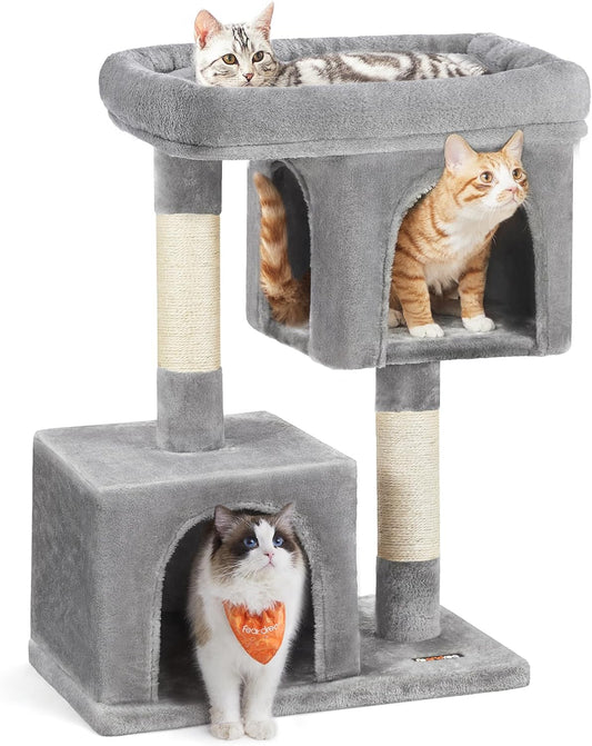 Cat Tree Tower, 33.1-Inch Plush Condo for Large Cats up to 16 lbs, Featuring Spacious Perch, Dual Caves, and Scratching Post in Light Gray