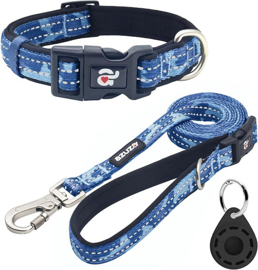 Reflective Dog Collar and Leash Set with Airtag Holder, Blue Camo Padded Collar with Matching Clip Handle Leash for Small Dogs