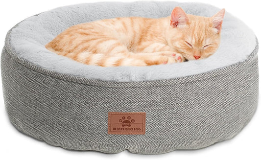Premium Indoor Cat and Small Dog Bed, Comfortable Washable Round Pet Sleeping Bed with Non-Slip Bottom, Dimensions 18"L x 18"W x 6.5"H