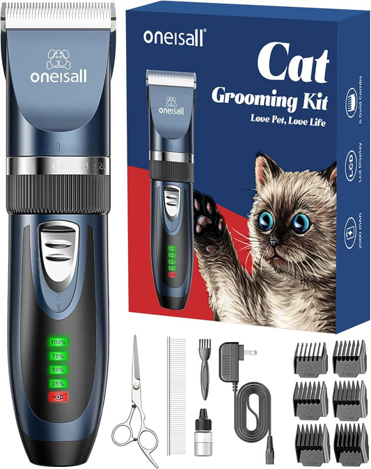 Professional Cordless Cat Grooming Kit with LCD Display, 6 Guard Combs, 240-Minute Runtime, and Low Noise Trimmer for Matted and Long Hair Cats and Small Dogs